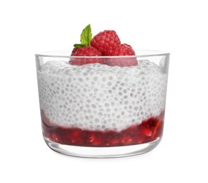 Delicious chia pudding with raspberries and mint on white background