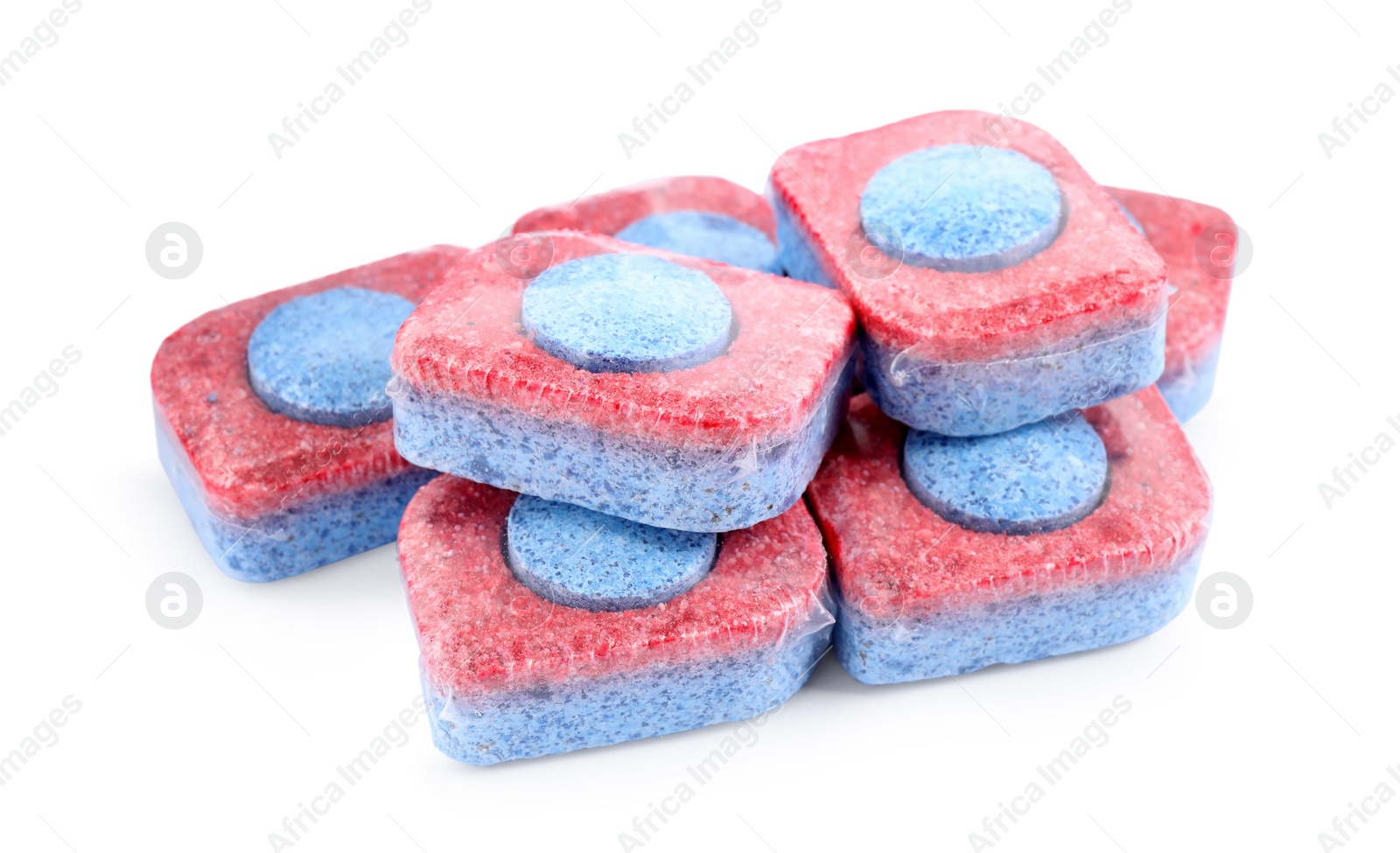 Photo of Pile of dishwasher detergent tablets on white background