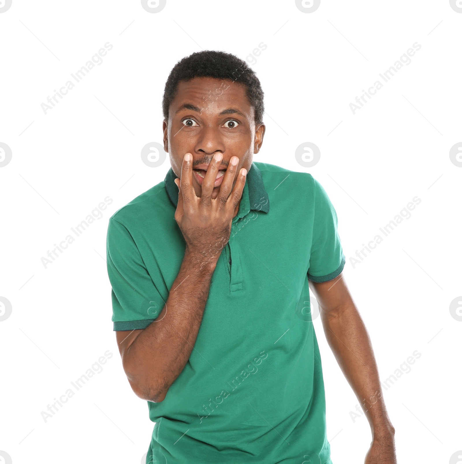 Photo of Portrait of emotional African-American man on white background