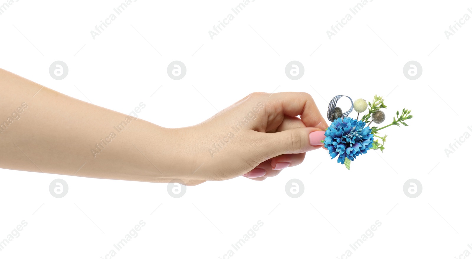 Photo of Woman holding stylish boutonniere on white background, closeup