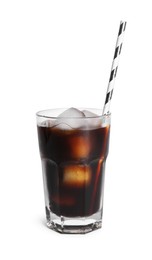Photo of Refreshing iced coffee in glass with straw isolated on white