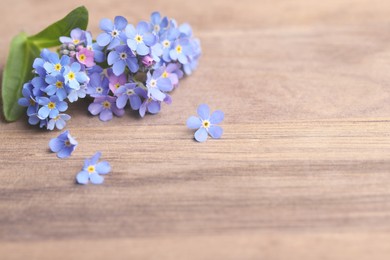 Photo of Beautiful blue Forget-me-not flower on wooden table. Space for text