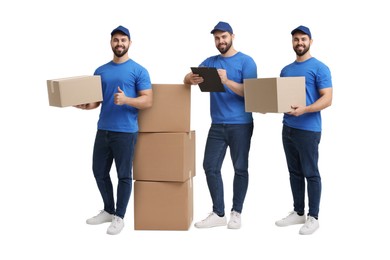 Delivery service. Happy courier with cardboard boxes on white background, collage of photos