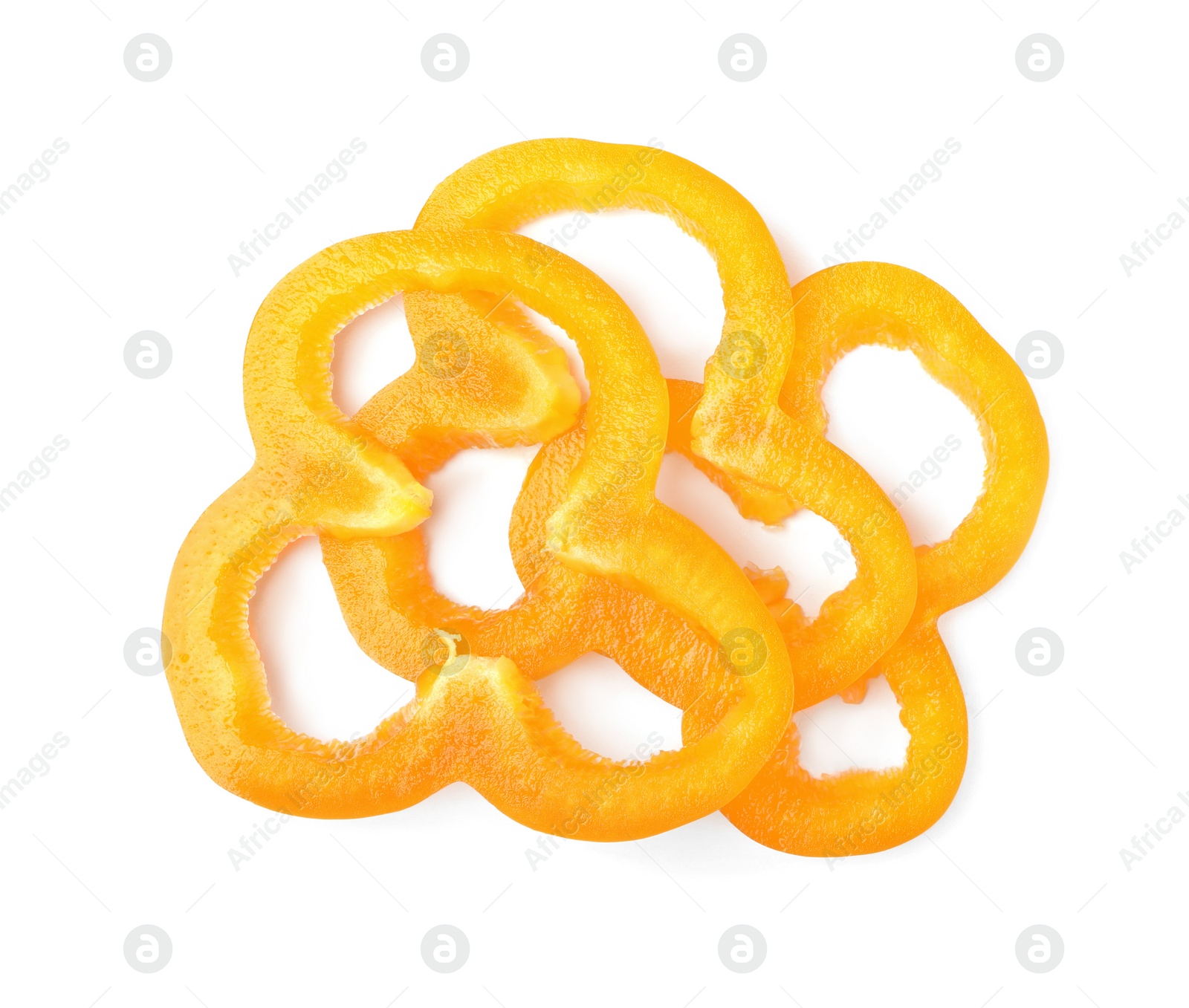 Photo of Slices of orange bell pepper on white background, top view