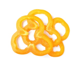 Photo of Slices of orange bell pepper on white background, top view