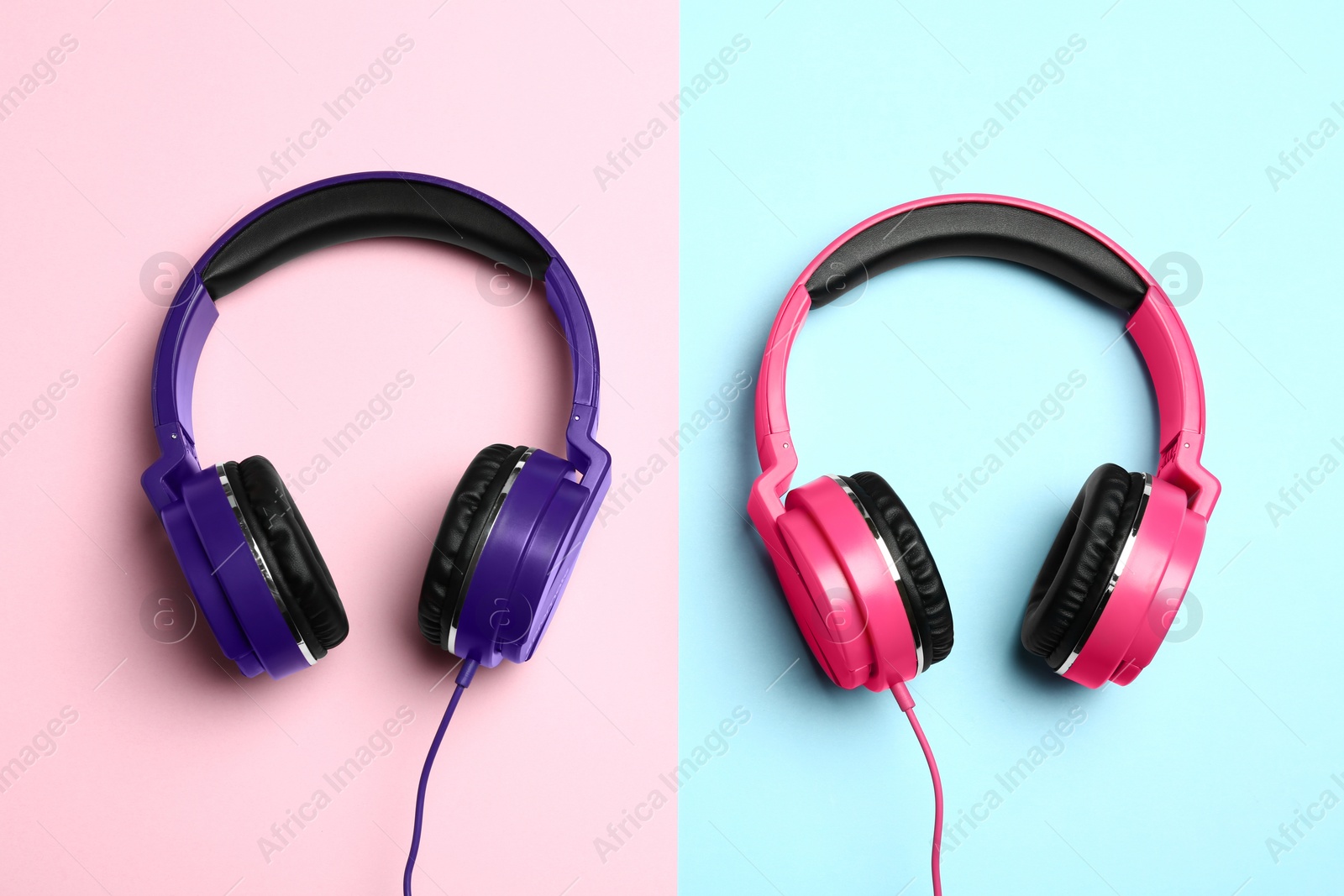 Photo of Stylish modern headphones on color background, flat lay