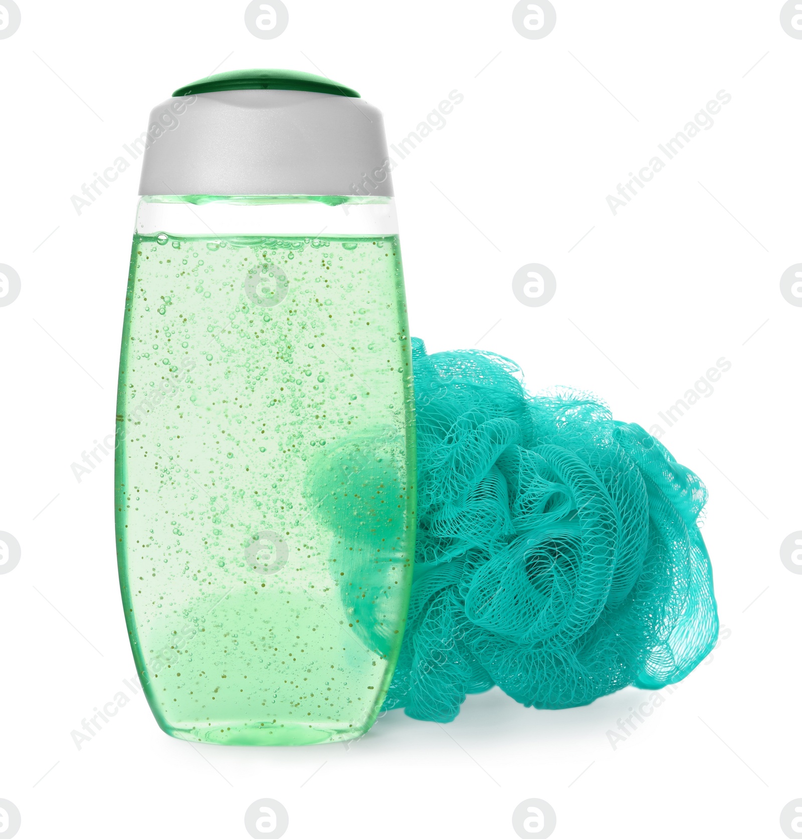 Photo of Personal hygiene product and shower puff isolated on white