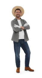 Photo of Harvesting season. Happy farmer with crossed arms on white background