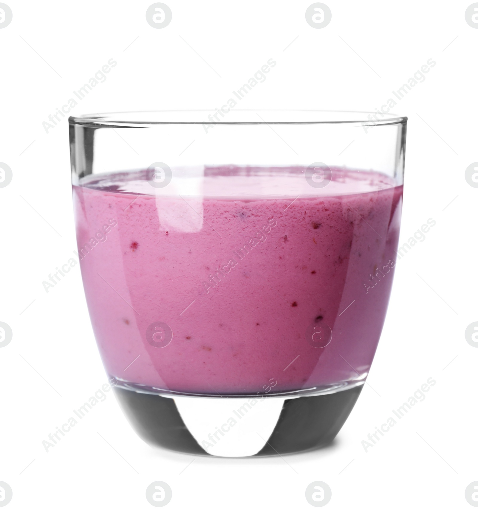 Photo of Glass with blackberry yogurt smoothie on white background