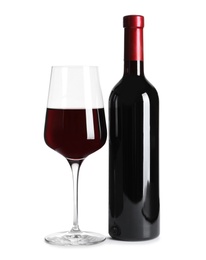 Glass and bottle of delicious red wine on white background