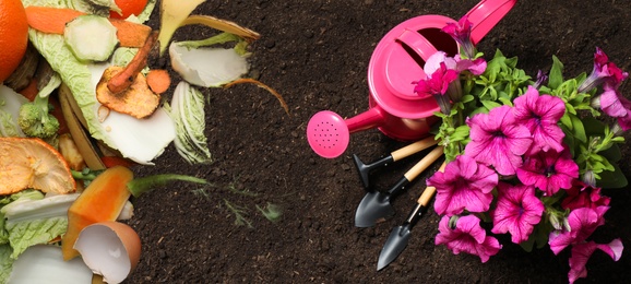 Image of Gardening tools, flower and organic waste for composting on soil, flat lay. Natural fertilizer