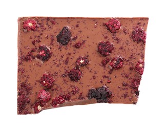 Photo of Half of chocolate bar with freeze dried berries isolated on white, top view