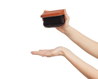 Photo of Woman with empty wallet on white background, closeup