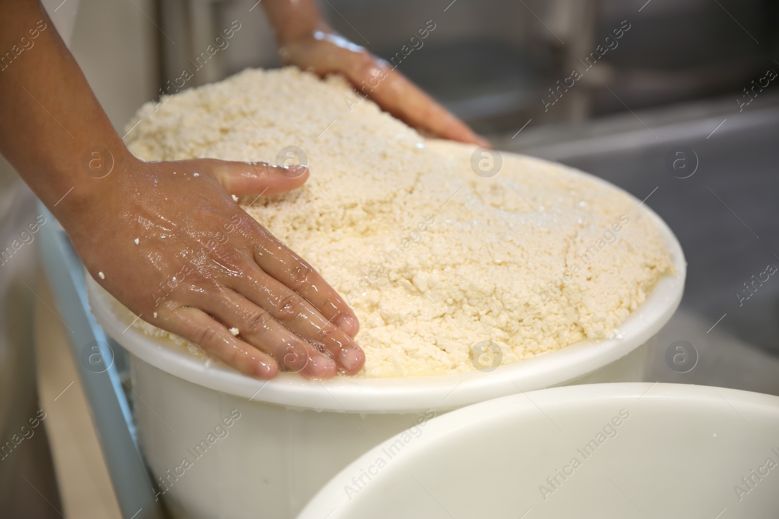 Photo of Worker pressing curd into mould at cheese factory, closeup