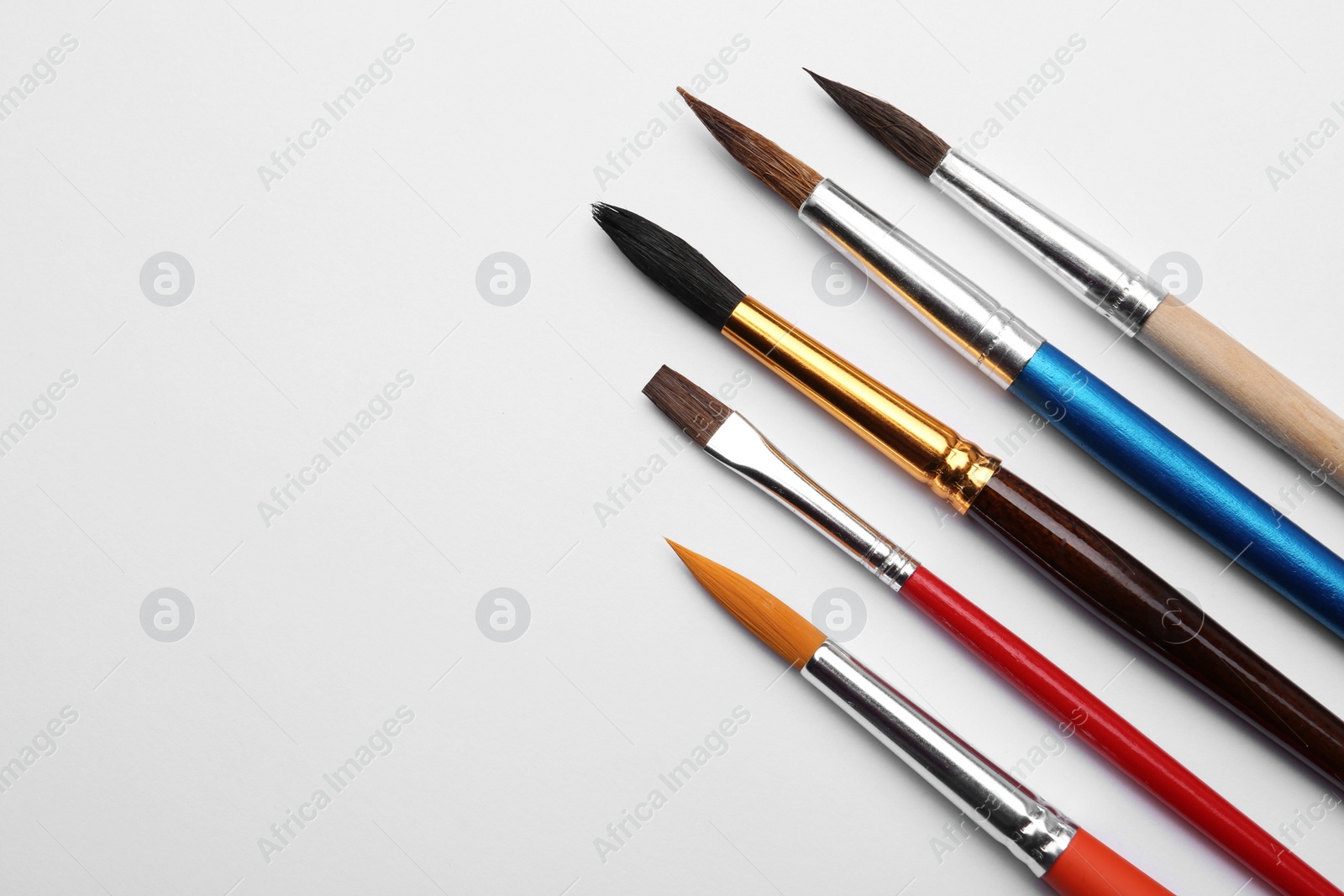 Photo of Different paint brushes on white background, top view. Space for text