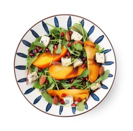 Photo of Tasty salad with persimmon, blue cheese, pomegranate and almonds isolated on white, top view