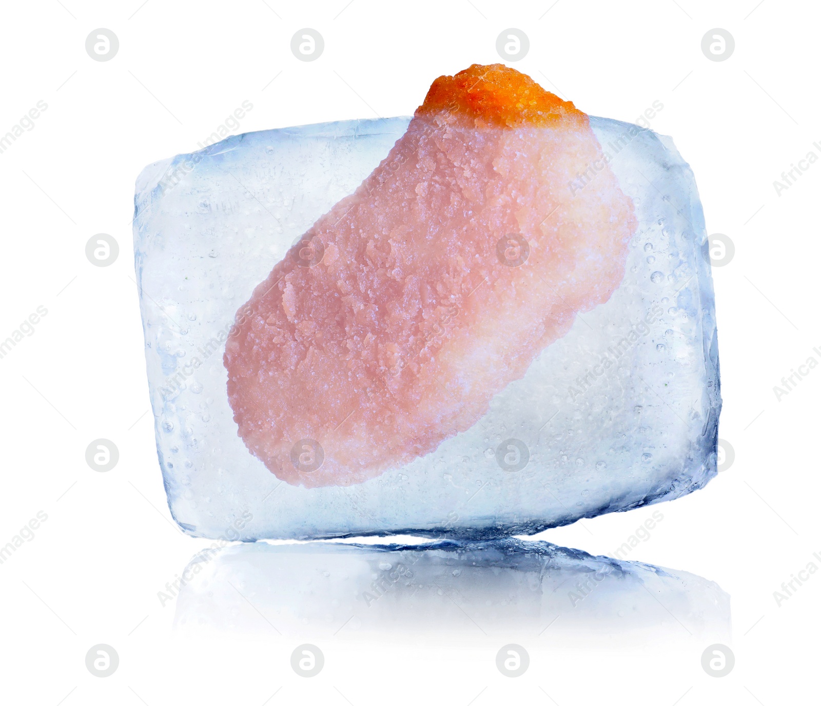 Image of Frozen food. Chicken nugget in ice cube isolated on white