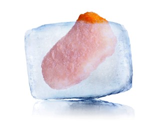 Image of Frozen food. Chicken nugget in ice cube isolated on white