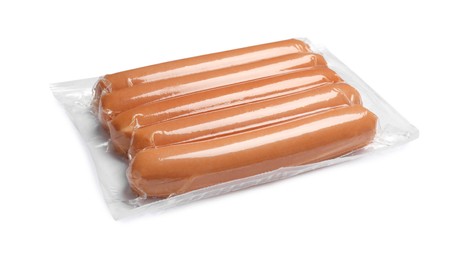 Pack of fresh raw sausages isolated on white. Ingredients for hot dogs