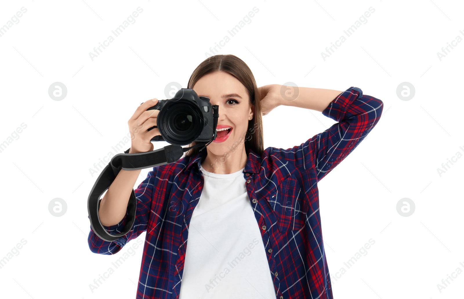 Photo of Professional photographer taking picture on white background