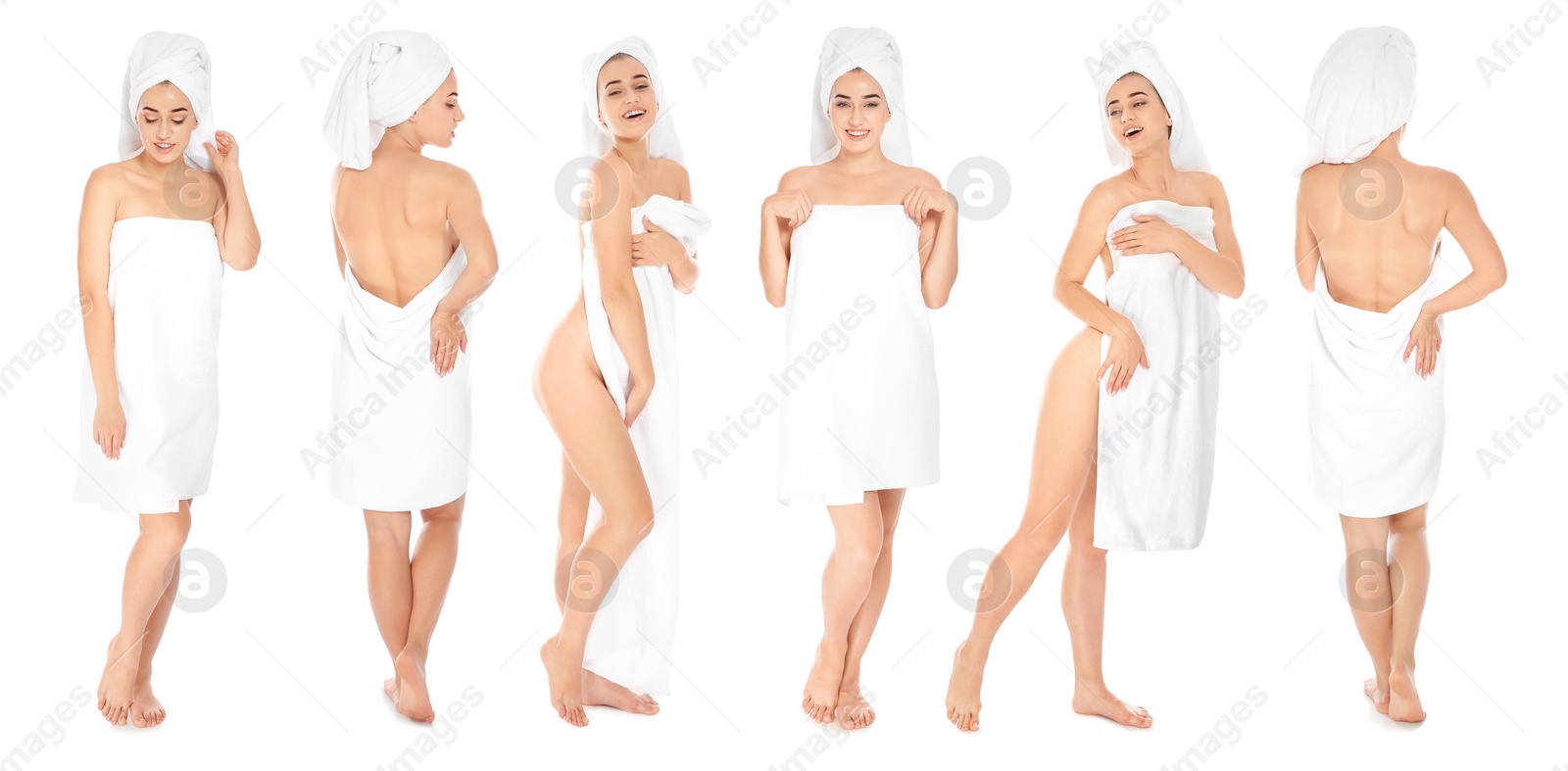 Image of Beautiful woman with towel on white background, collage. Banner design