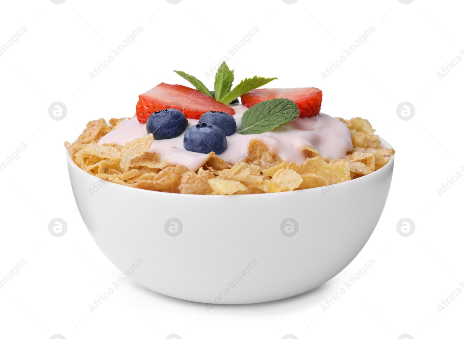 Photo of Delicious crispy cornflakes, yogurt and fresh berries in bowl isolated on white. Healthy breakfast