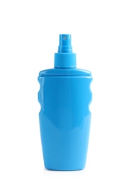 Photo of Bottle with sun protection body cream on white background