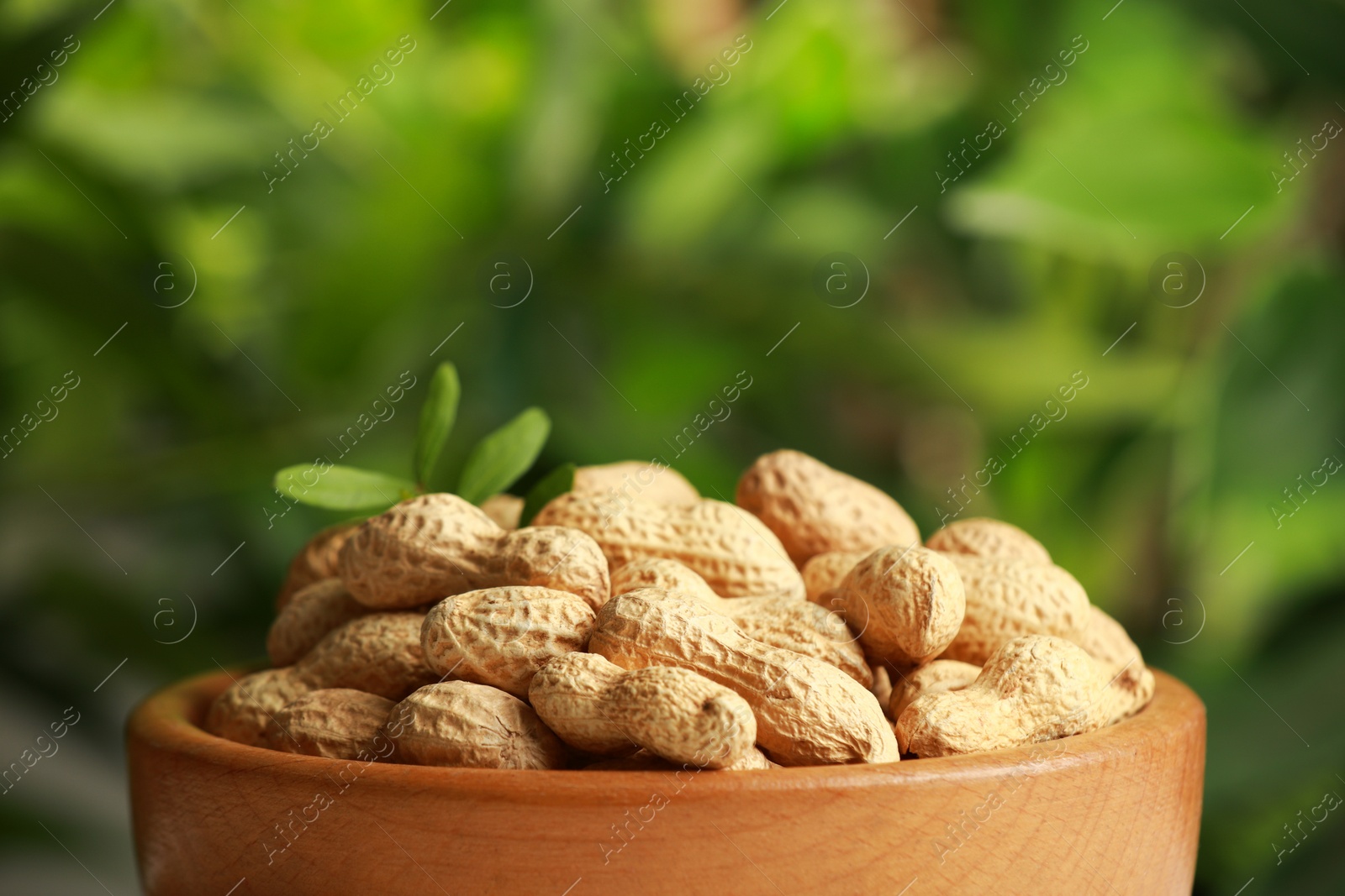 Photo of Fresh unpeeled peanuts in bowl against blurred background, closeup