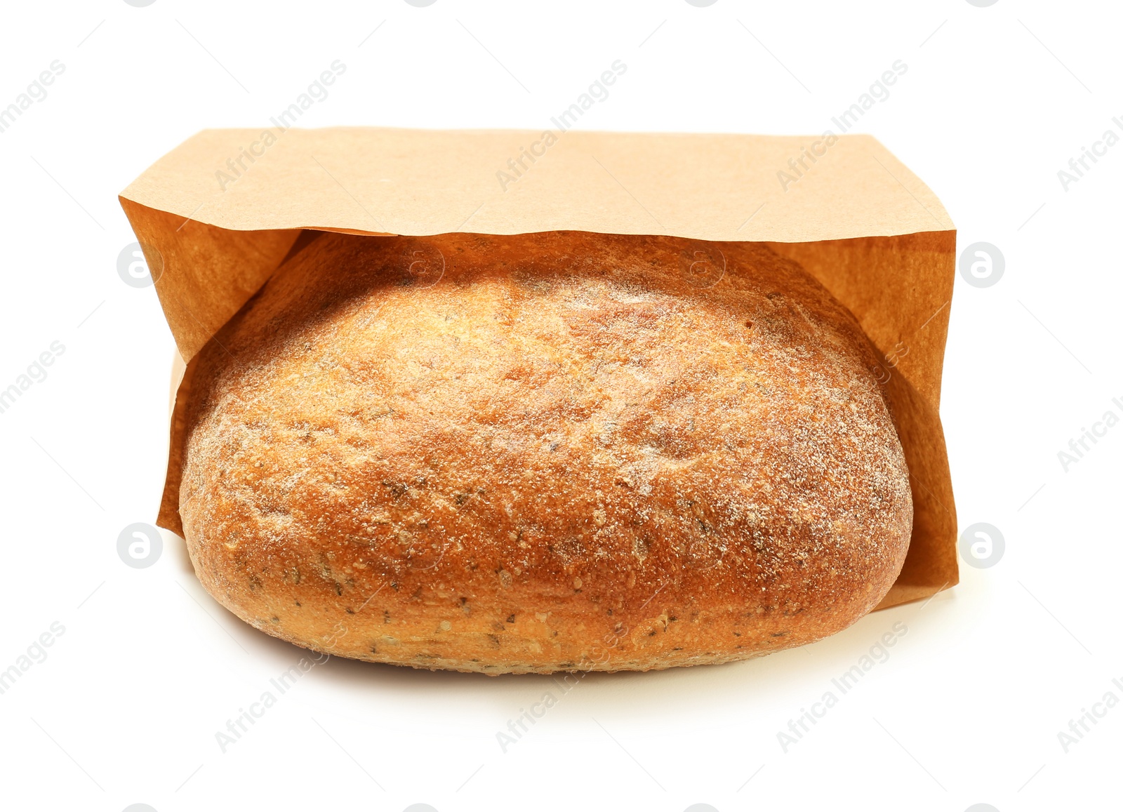 Photo of Paper bag with bread on white background