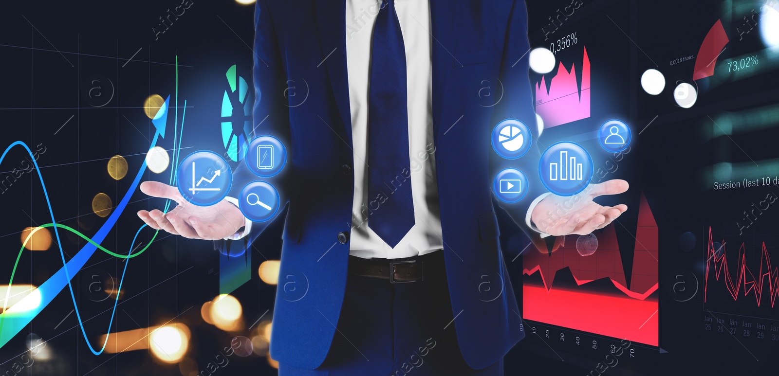 Image of Man demonstrating icons of data management system and digital charts, closeup. Banner design