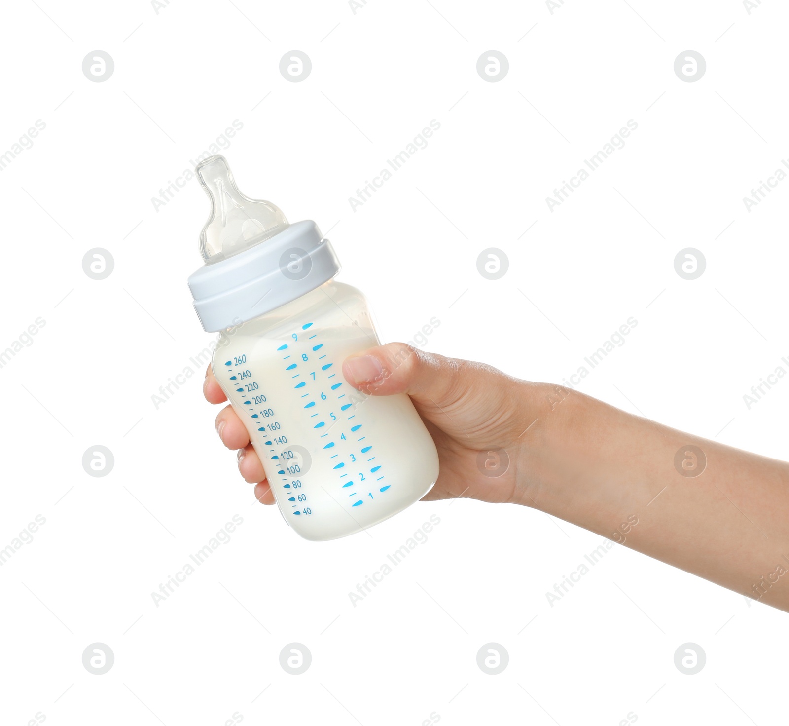 Photo of Woman holding baby bottle with milk on white background