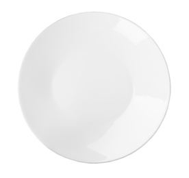 Ceramic plate with space for text on white background, top view. Washing dishes