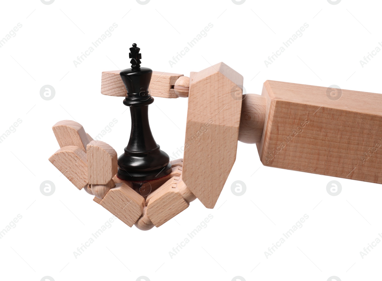 Photo of Robot with king isolated on white. Wooden hand representing artificial intelligence playing chess