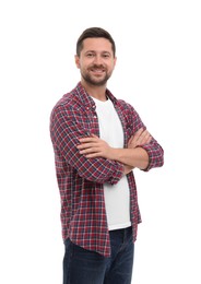 Photo of Happy man with crossed arms on white background