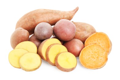 Different types of fresh potatoes on white background