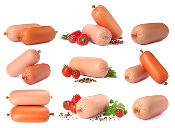 Set with tasty boiled sausages on white background