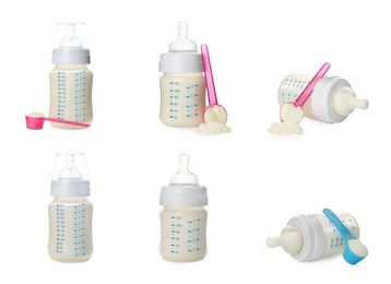 Image of Feeding bottles with infant formula on white background, collage. Baby milk