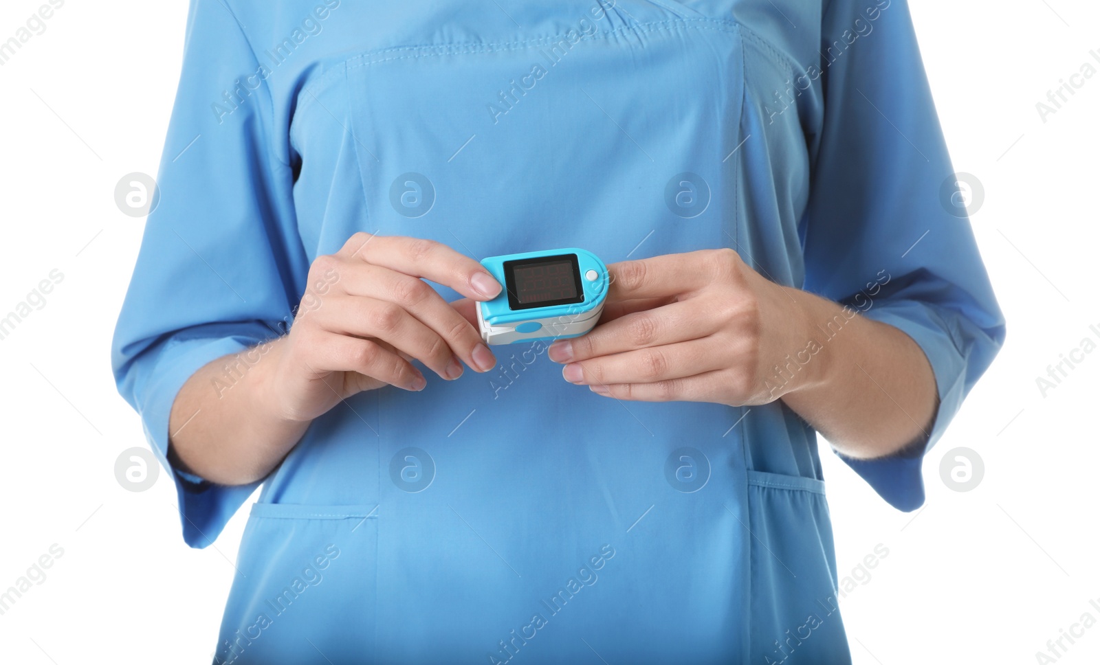 Photo of Female doctor using heart rate monitor on white background, closeup. Medical object