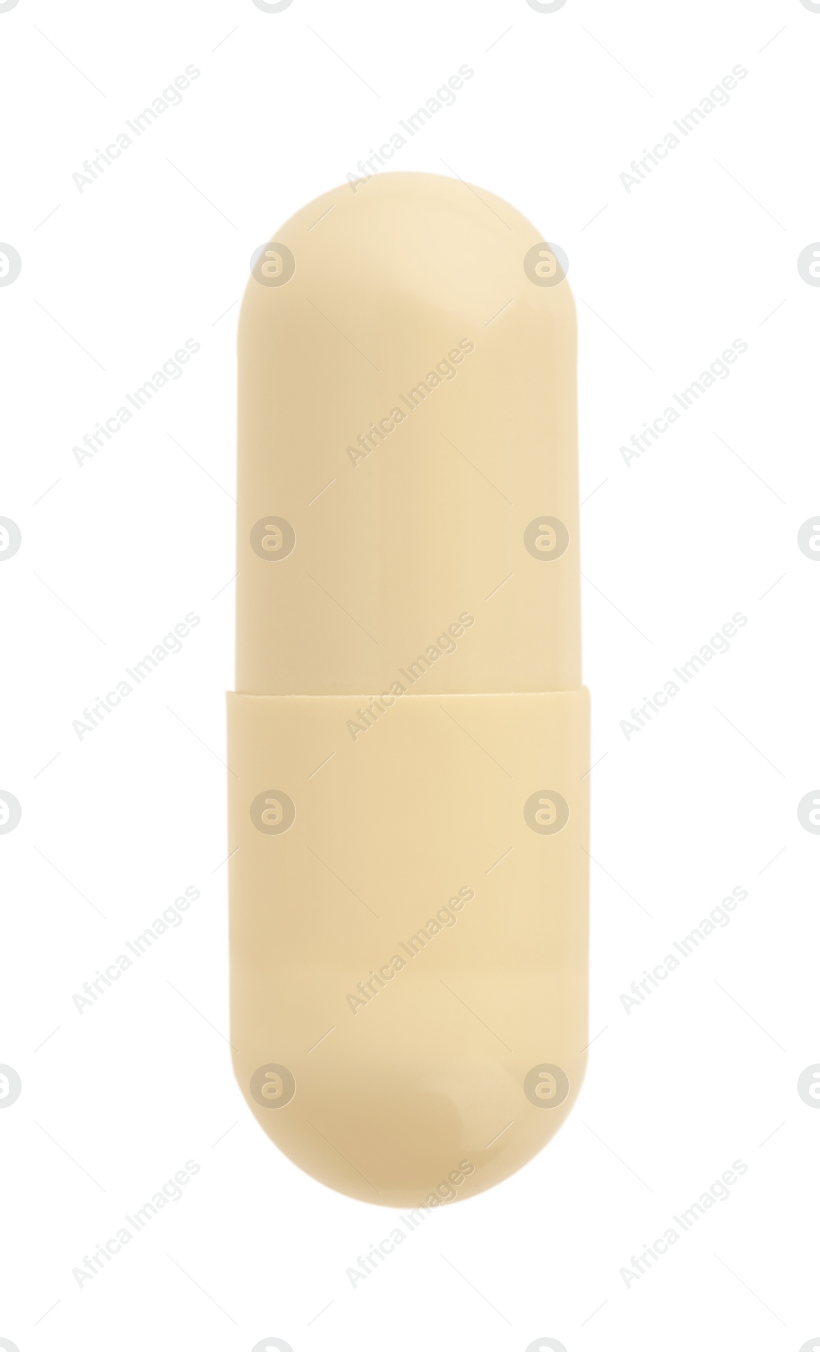 Photo of One vitamin capsule isolated on white, top view