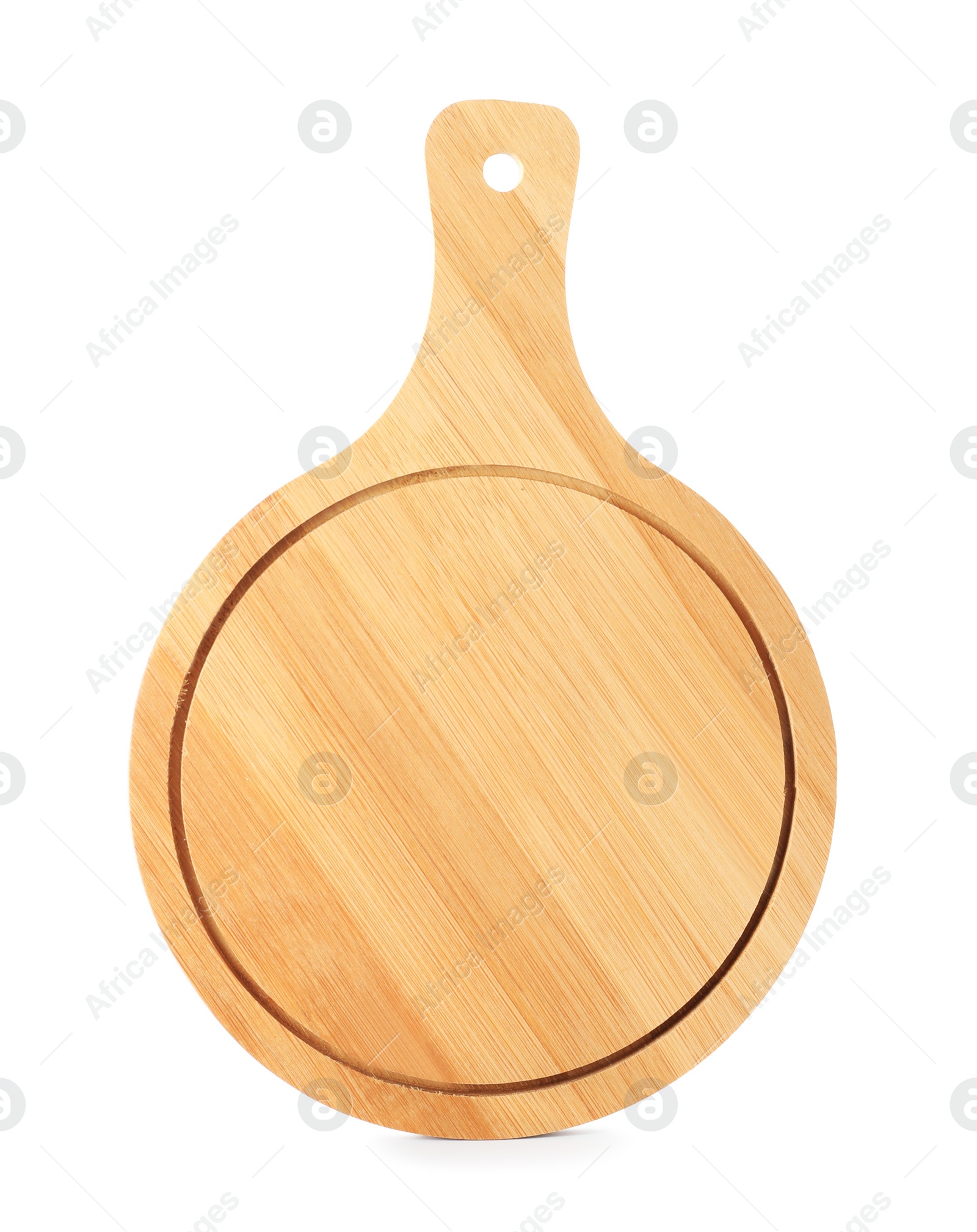 Photo of New wooden serving board isolated on white