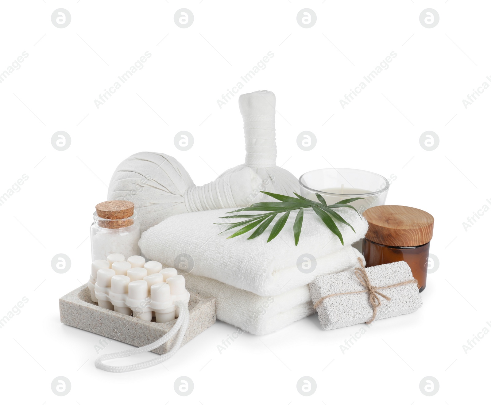 Photo of Beautiful composition with different spa products on white background