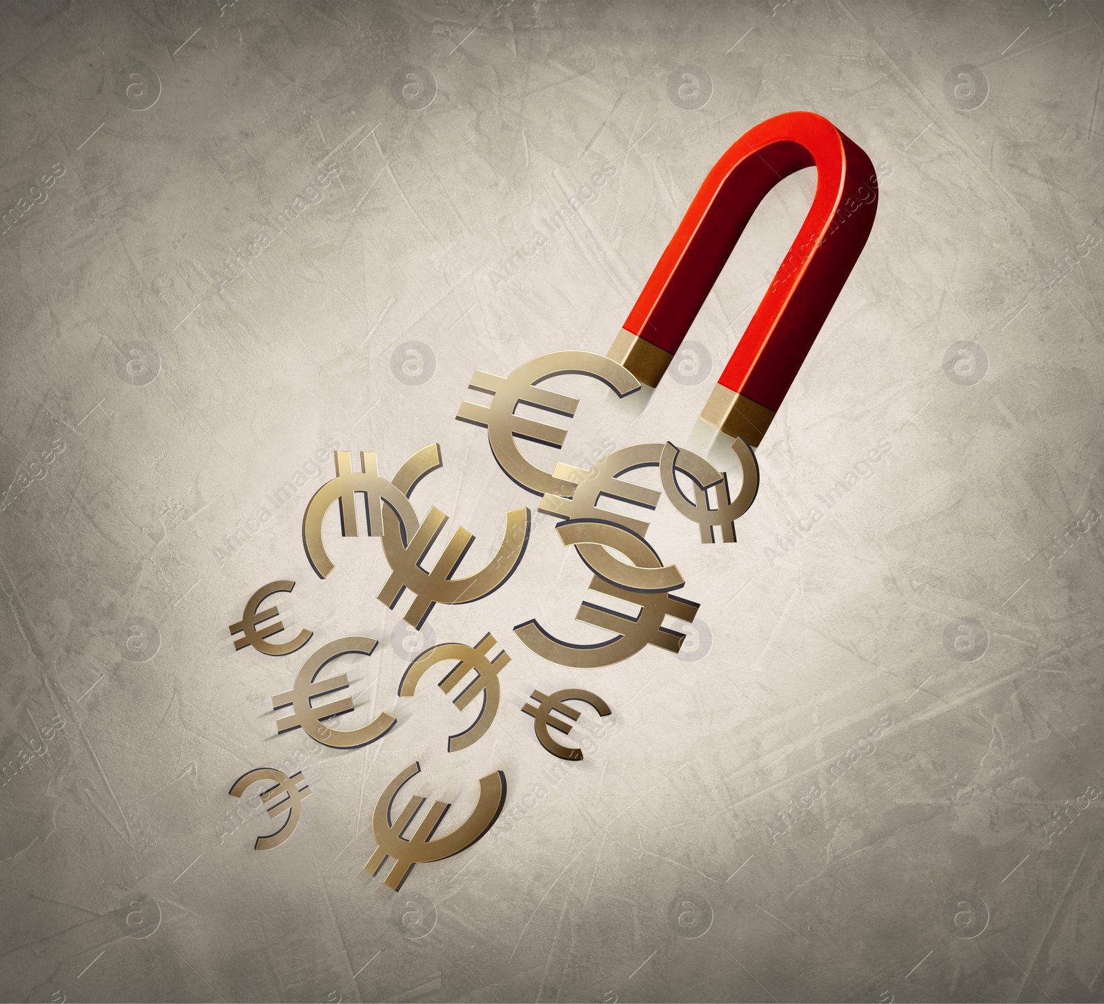 Image of Red horseshoe magnet attracting golden euro signs on grey background