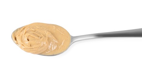 Delicious nut butter in spoon isolated on white