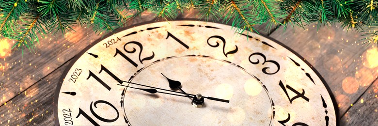 Image of Counting last moments to New 2024 Year. Greeting card with clock, sparkles and fir branches, banner design
