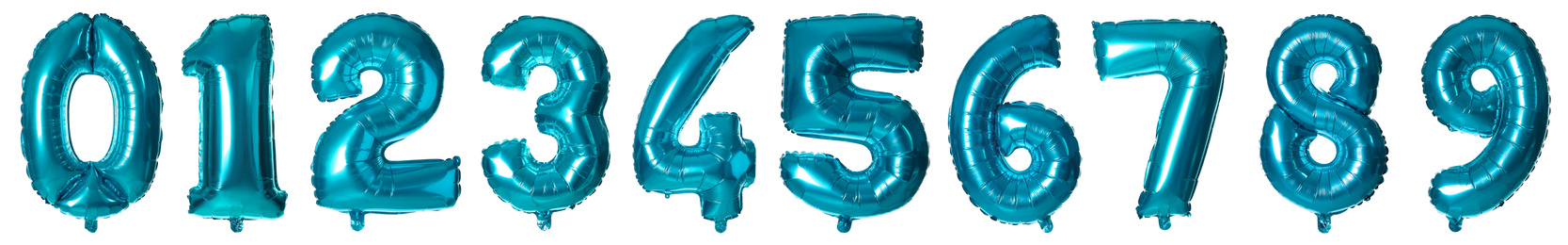 Image of Set with blue foil balloons in shape of numbers on white background. Banner design