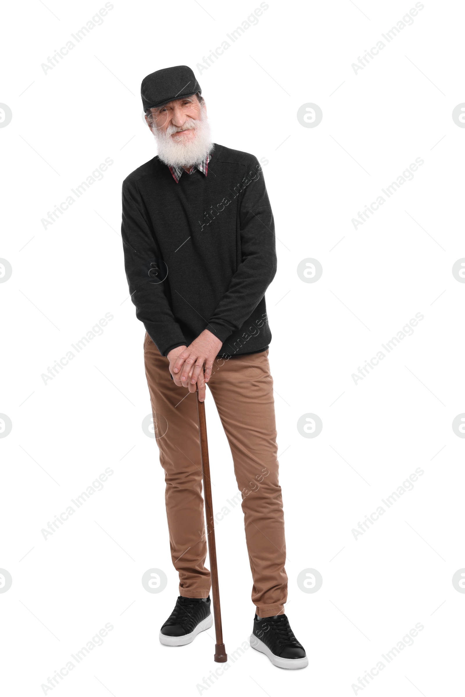 Photo of Senior man with walking cane on white background