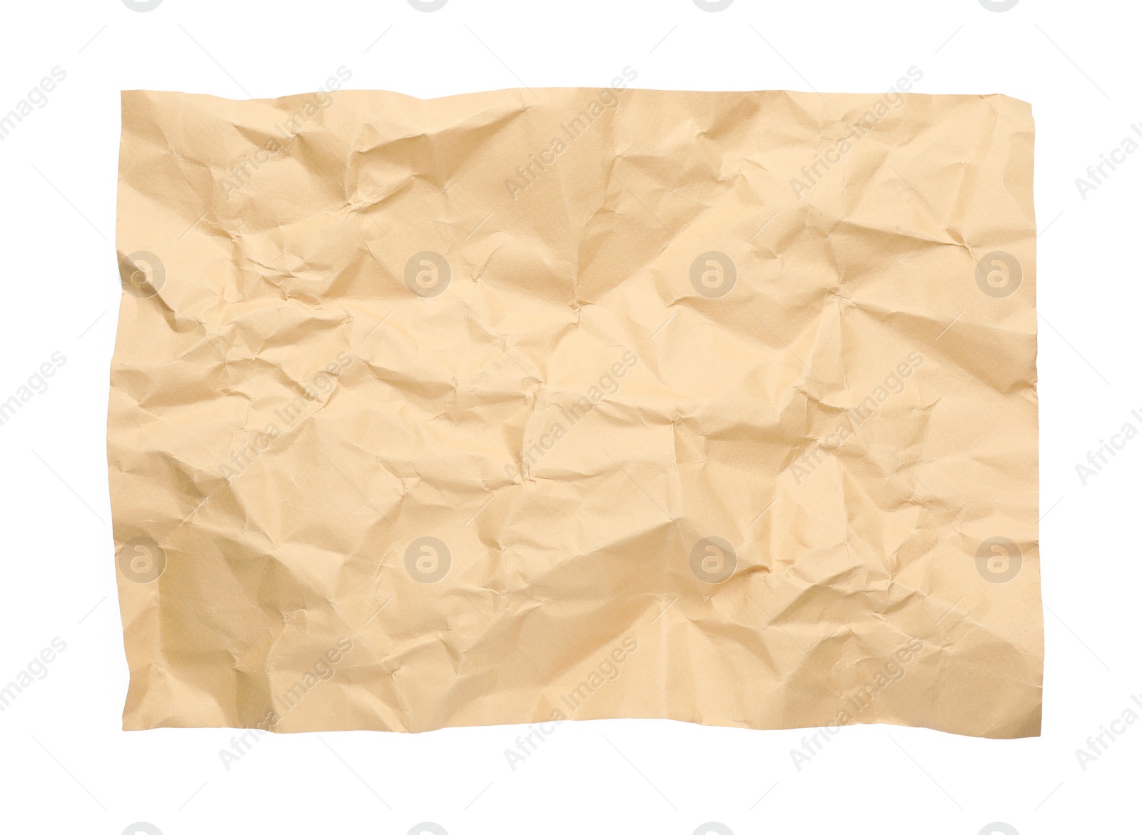 Photo of Sheet of crumpled brown paper on white background, top view