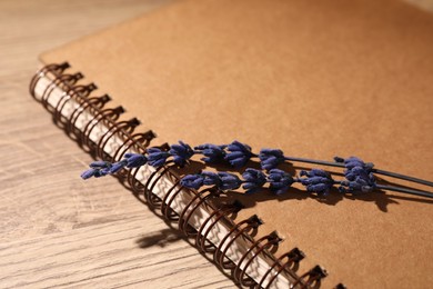 Beautiful preserved lavender flowers and notebook on wooden table, closeup