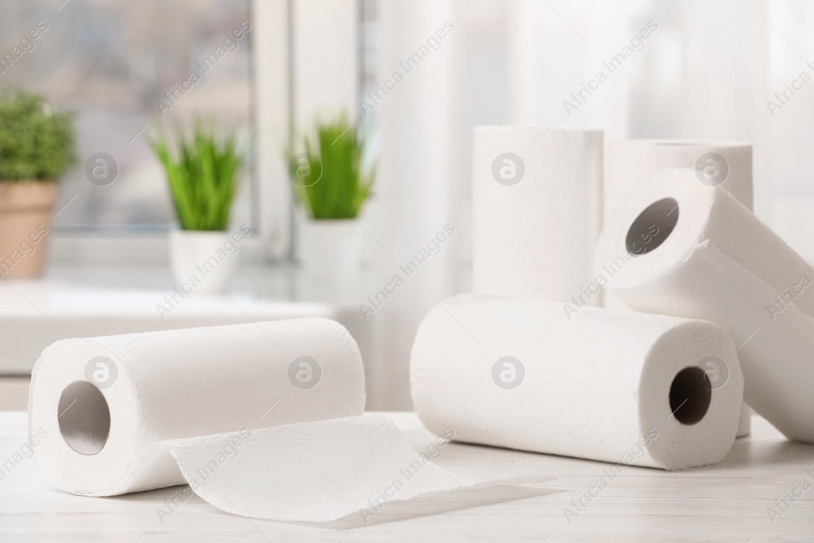 Photo of Rolls of paper towels on white wooden table indoors