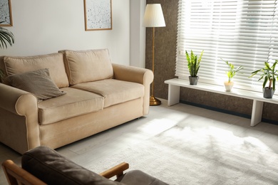 Living room interior with comfortable sofa near window